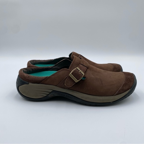Merrell Women’s 9.5 Brown Leather Encore Buckle Bracken Outdoor Slip On Mules - Picture 1 of 7